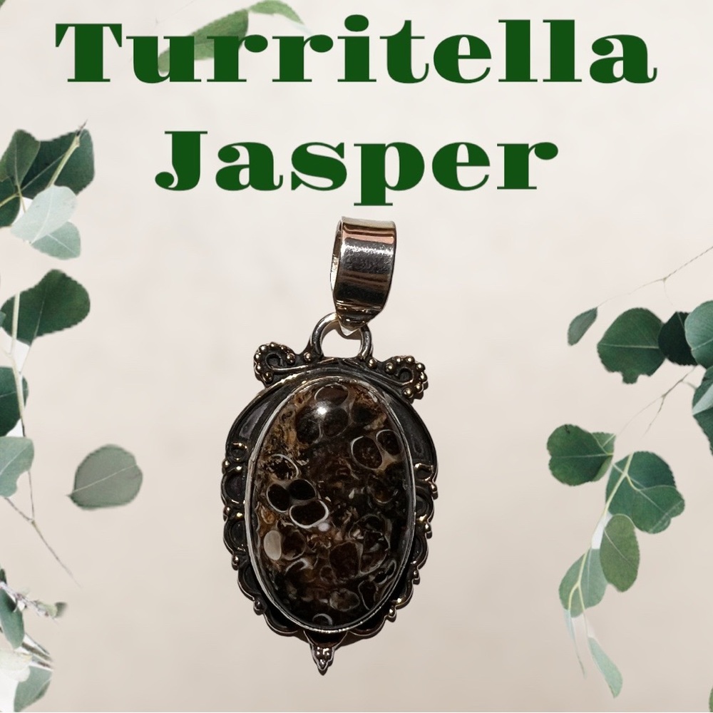 Natural Turritella Jasper Sterling S 925 Fossilized Snail Stone Pendant